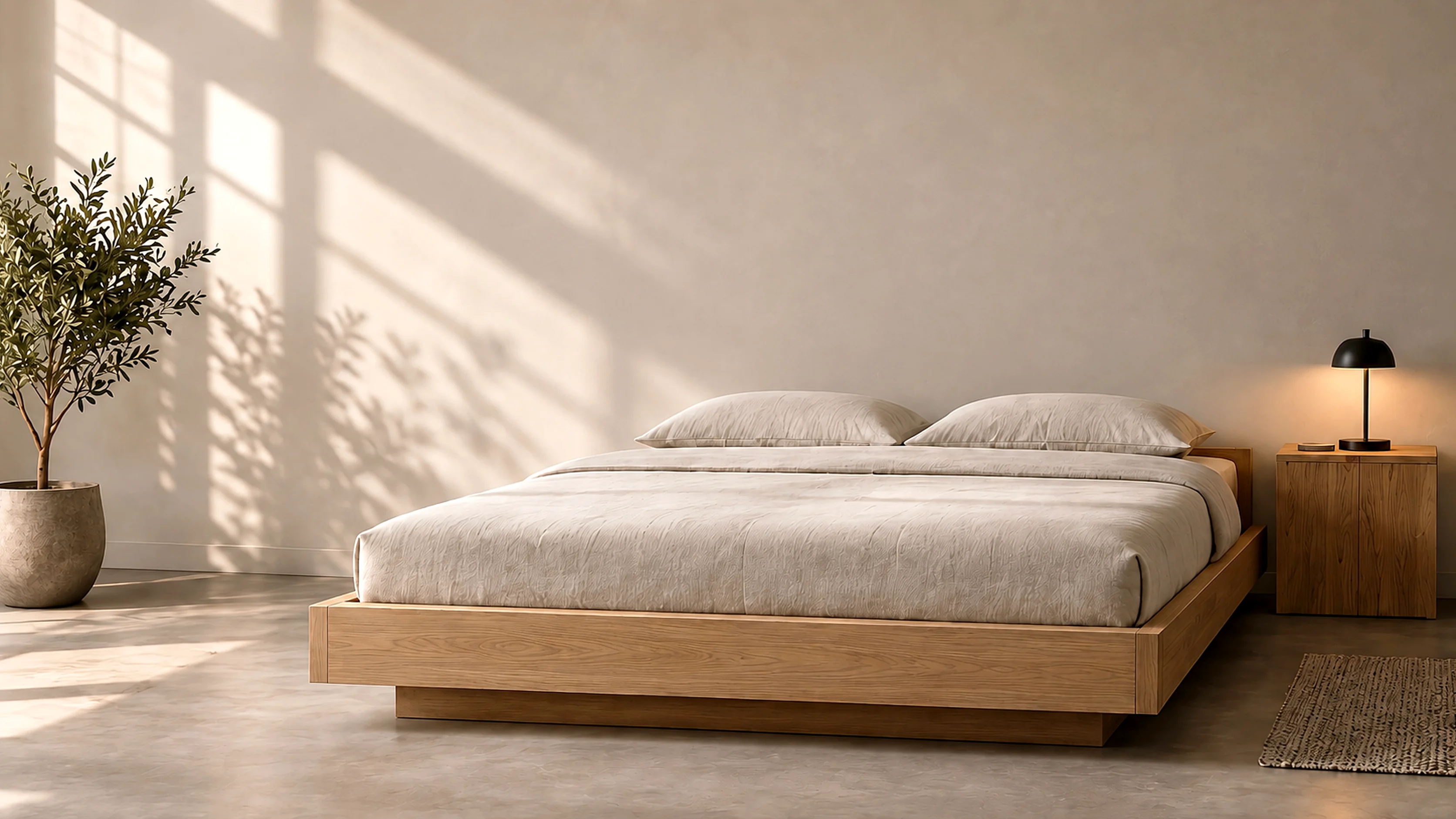 Minimalistisch eiken platformbed in een rustige slaapkamer met beige linnen en warm daglicht
