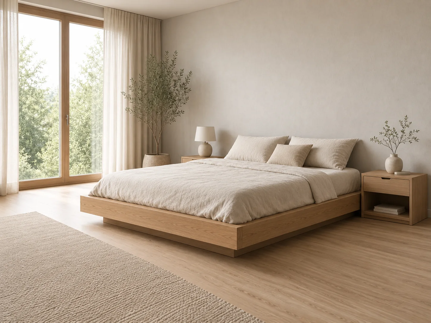 Rustige slaapkamer met eiken bed en groot raam