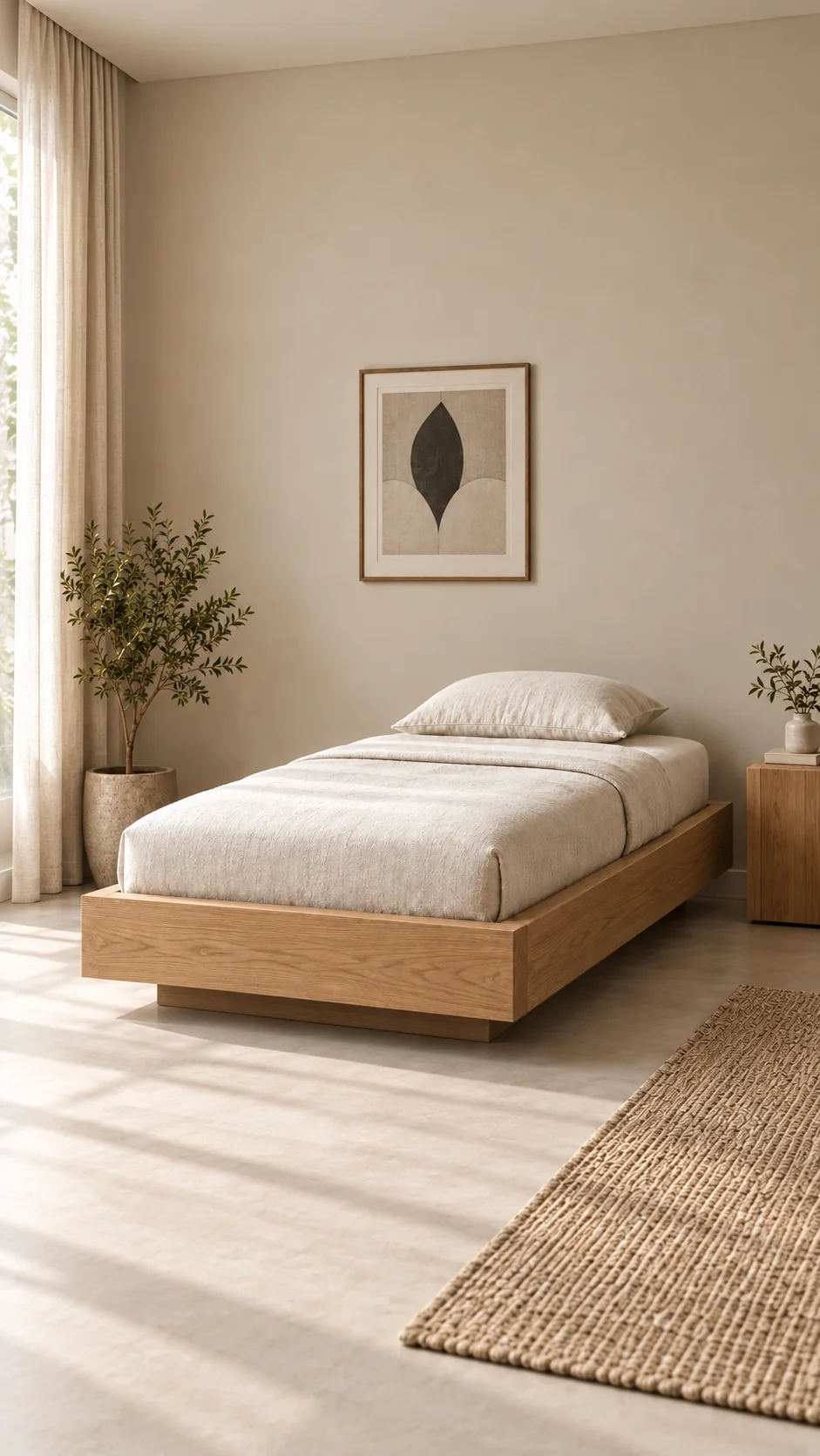 NØR 01: massief eiken bedframe, 90 × 200 cm, met linnen beddengoed